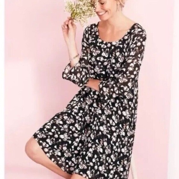 Garnet Hill Black Floral Eyelet Trim Silk Dress - Picture 2 of 13